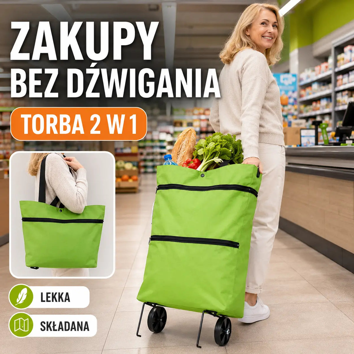 🛒♻️2 w 1 składana torba na zakupy i plecak, lekka torba na zakupy/wózek na kółkach