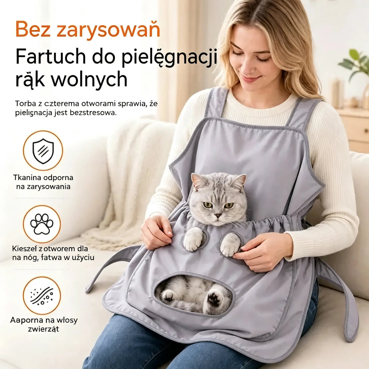 Fartuch do przytulania zwierząt (odporny na sierść) z otworami na nogi – idealny do trzymania kotów 🥻